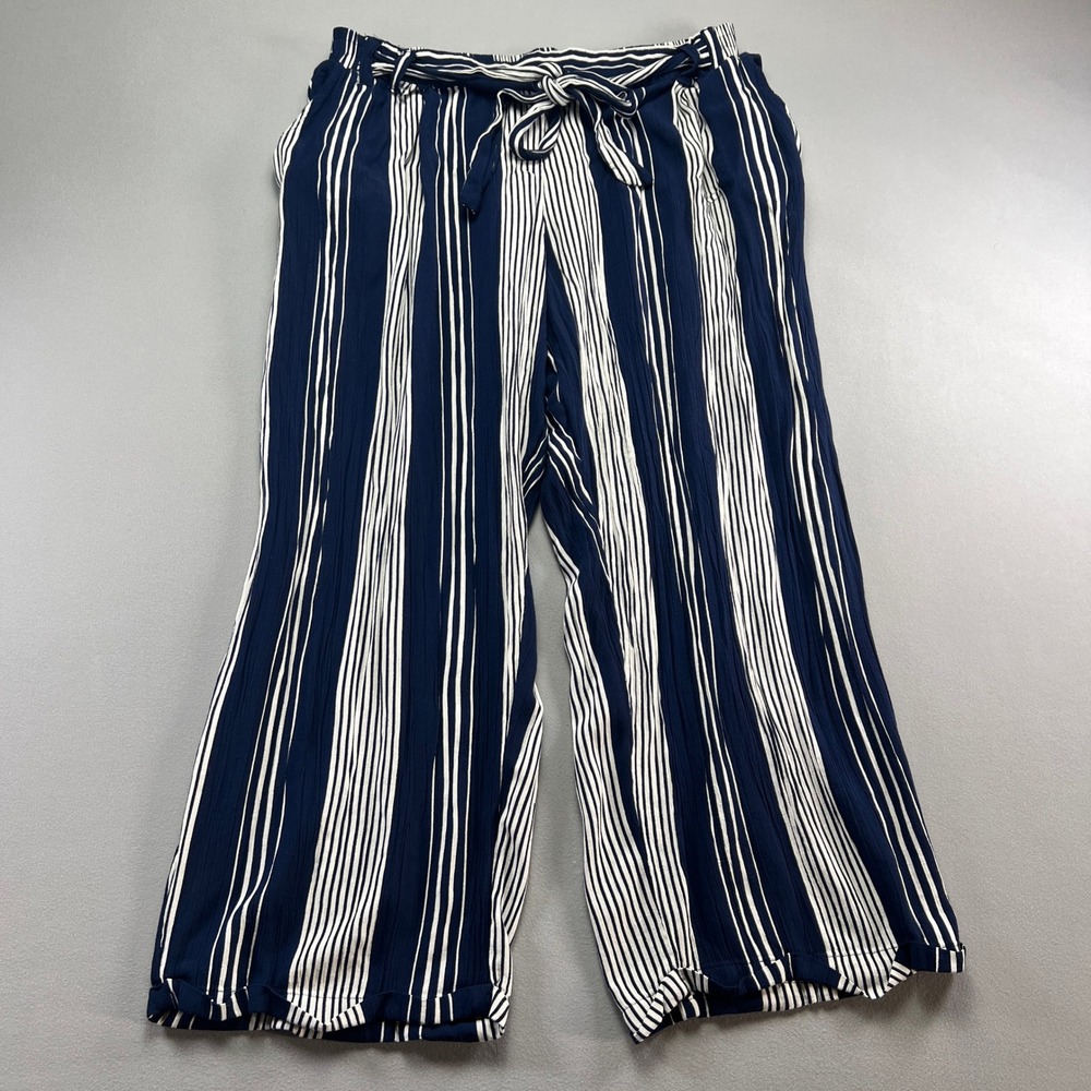 Angie Pants Womens 1X Navy Blue White Striped Wide Leg Tie Waist Resort Wear